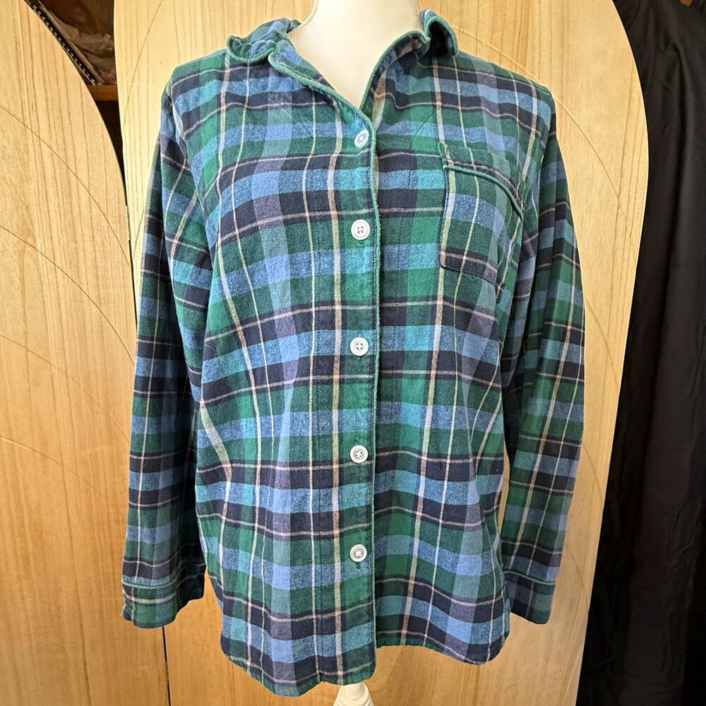 The Company Store Flannel Pajama Shirt Womens S Green Blue Tartan Plaid Top PJ⁠